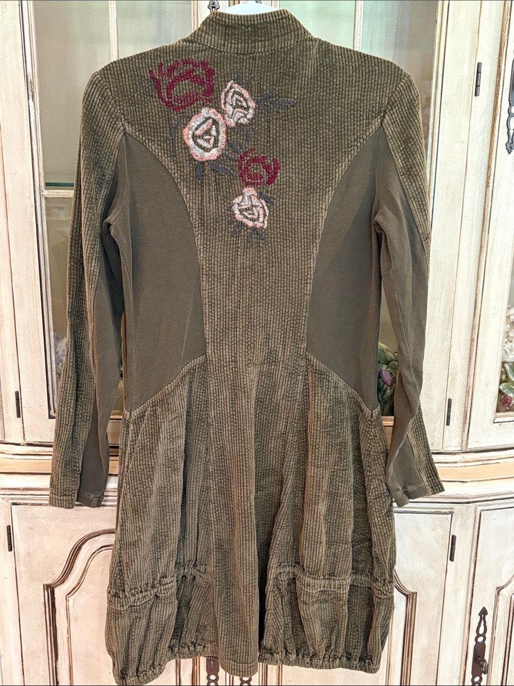 XCVI Olive Green Corduroy Zip-Front Jacket-Dress with Floral Accents - Picture 2 of 14